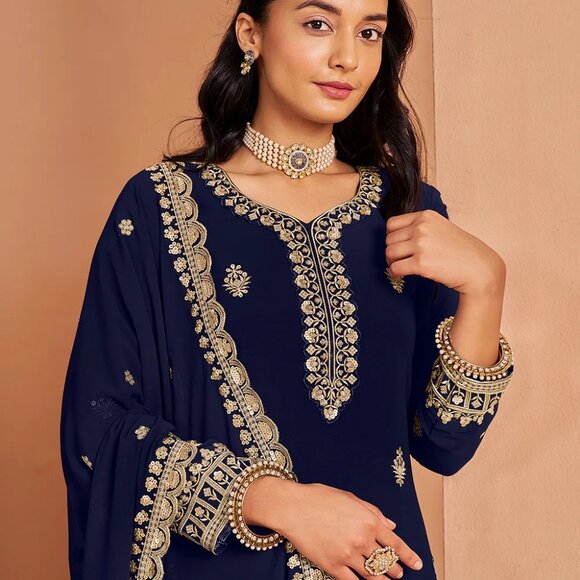 Regal Charm Navy Blue Pakistani Zari Embroidered Faux Georgette Festive Palazzo - Picture 4 of 5